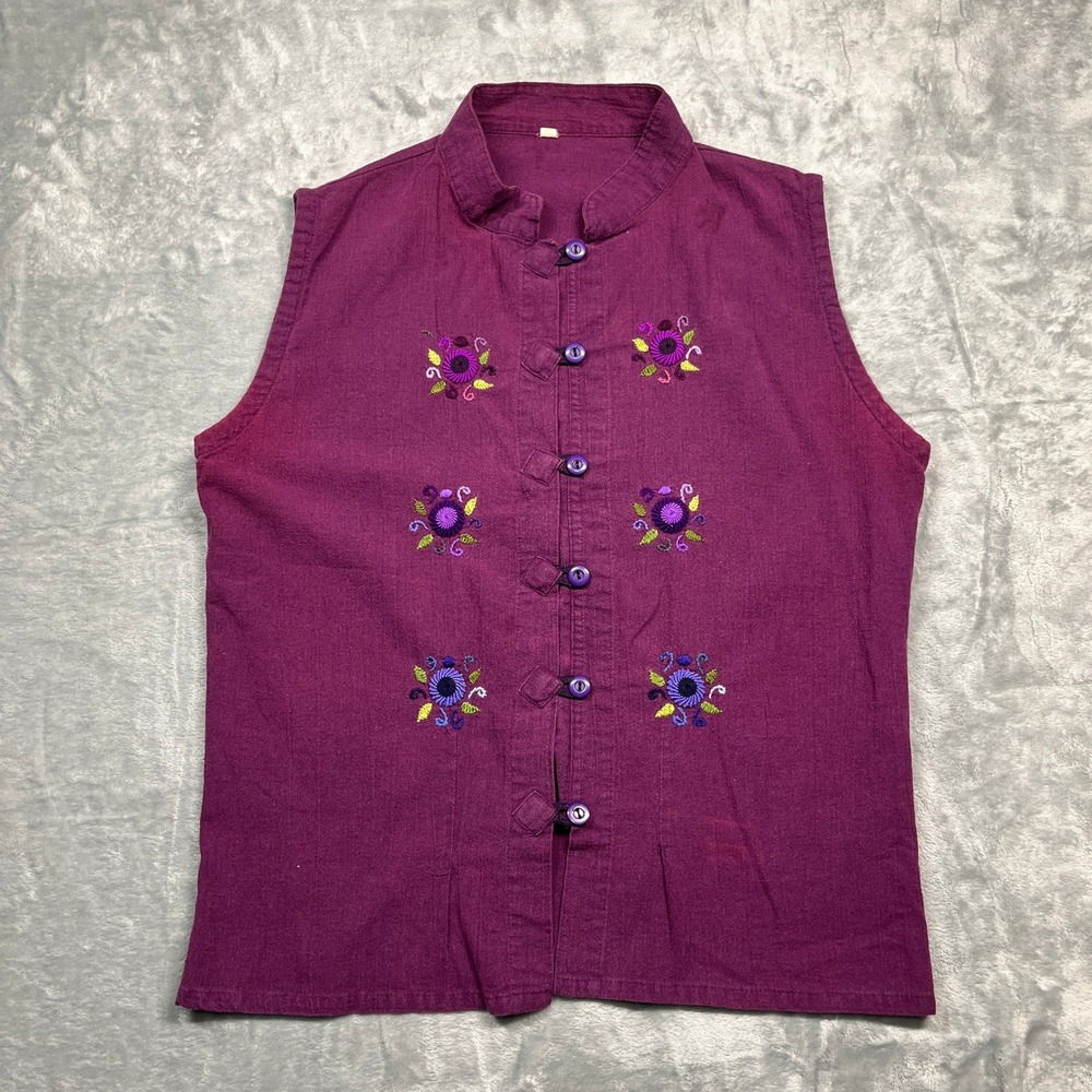 Floral‎ Embroidered Sleevless Vest Womens Purple Mandarin Collar Frog Button XL